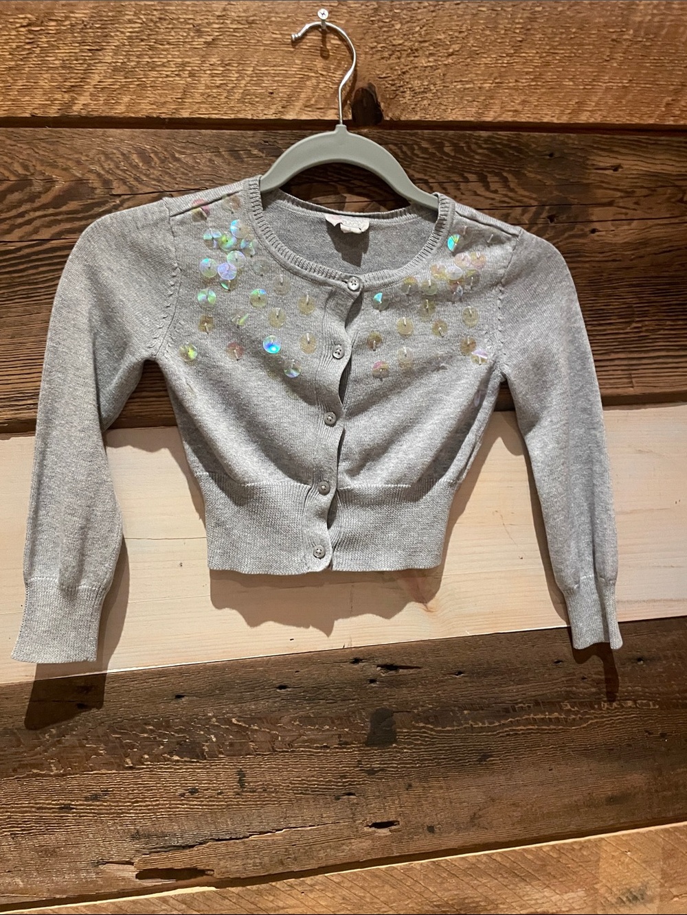 1989 Place Silver Gray Sequin-Accented Cropped Cardigan
